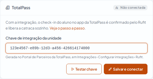 Quadro TotalPass no Rufit, com a chave colada (chave de exemplo, não é real).