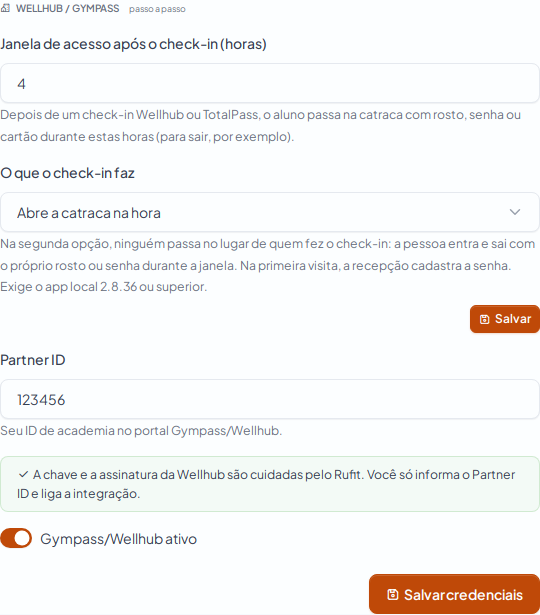 Parte Wellhub no Rufit: Partner ID, janela de acesso e a chave de ativação.